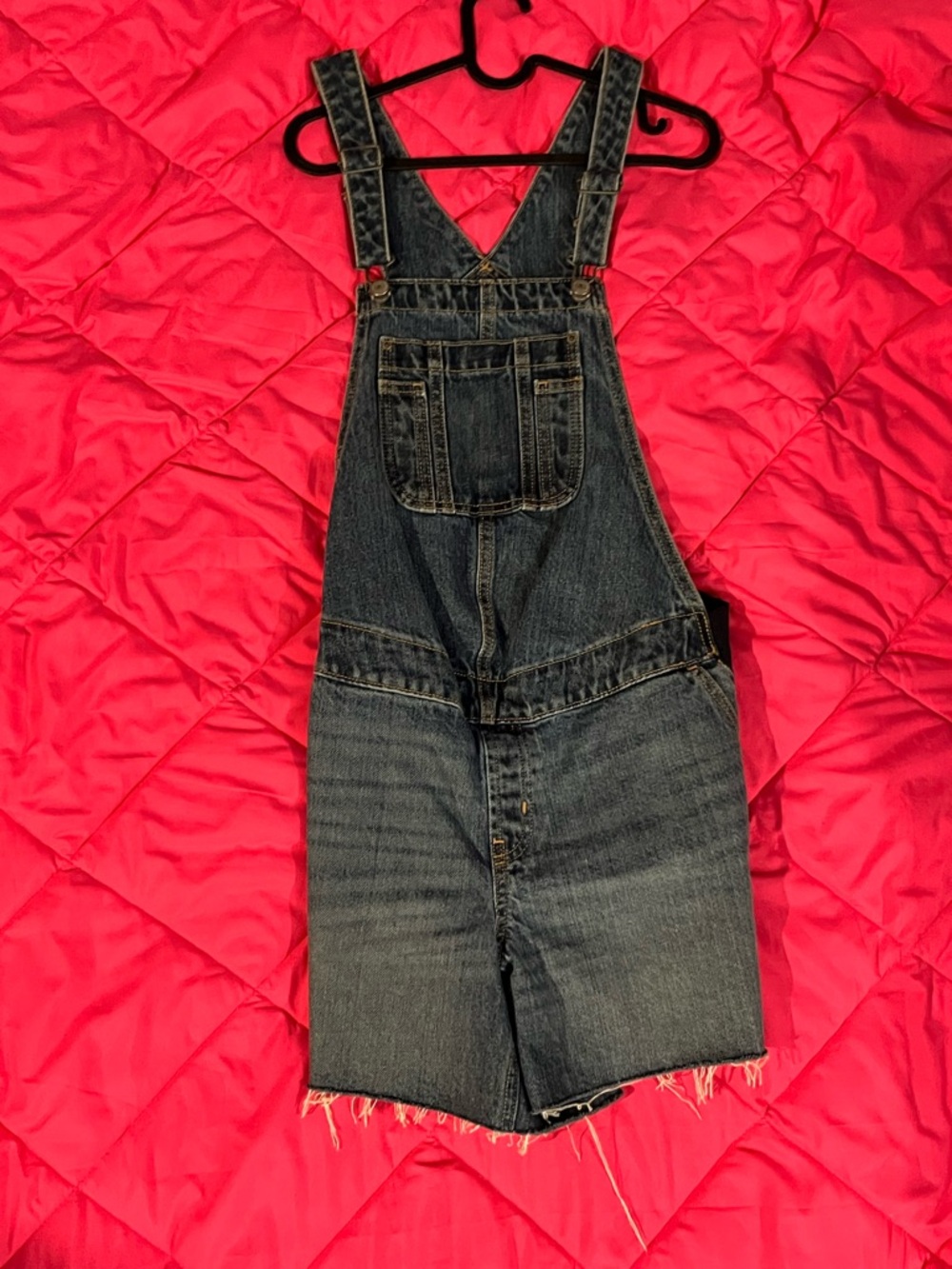 Denim Maternity Short Overalls - Dark Wash Blue